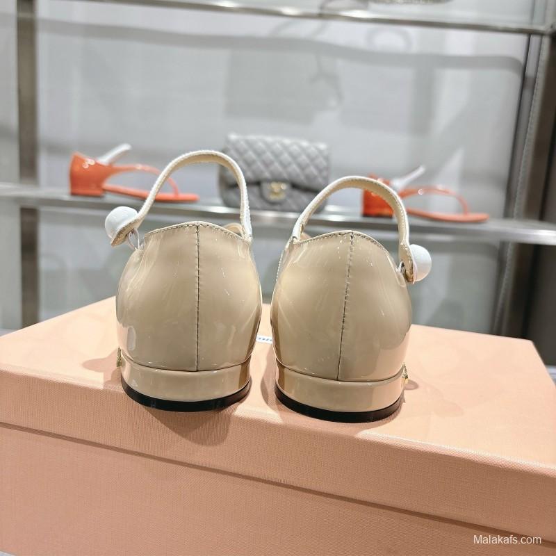 2025 Women MiuMiu Beige Leather T-Strap Sandals With Clear Heel KFY00289(F)