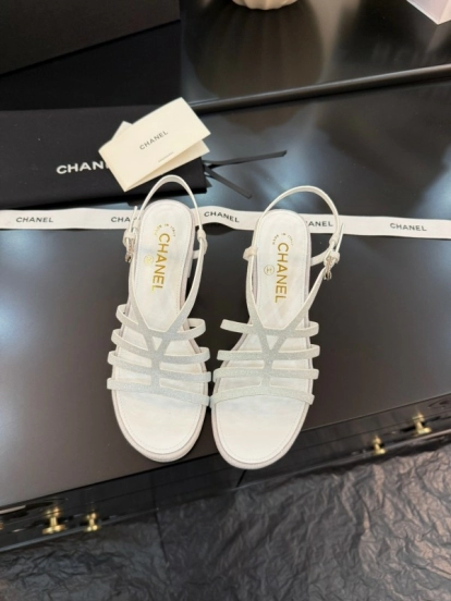 2025 Women Chanel White Leather Sandals