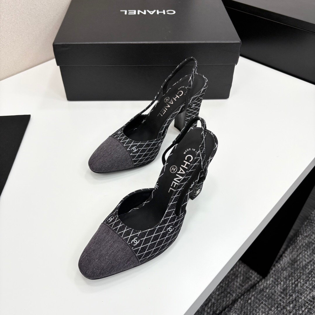 2025 Women Chanel Black Grey Fabric Slingback Heels LY00270