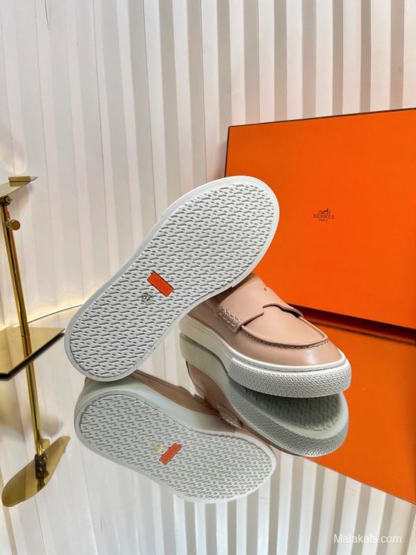 2025 Women Hermès Pink Leather Loafers LY00310(F)