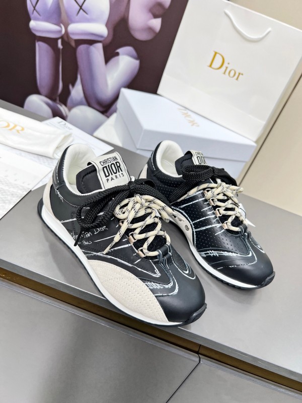 2025 Women Dior Black White Leather Sneakers Handwritten Logo KFY00290