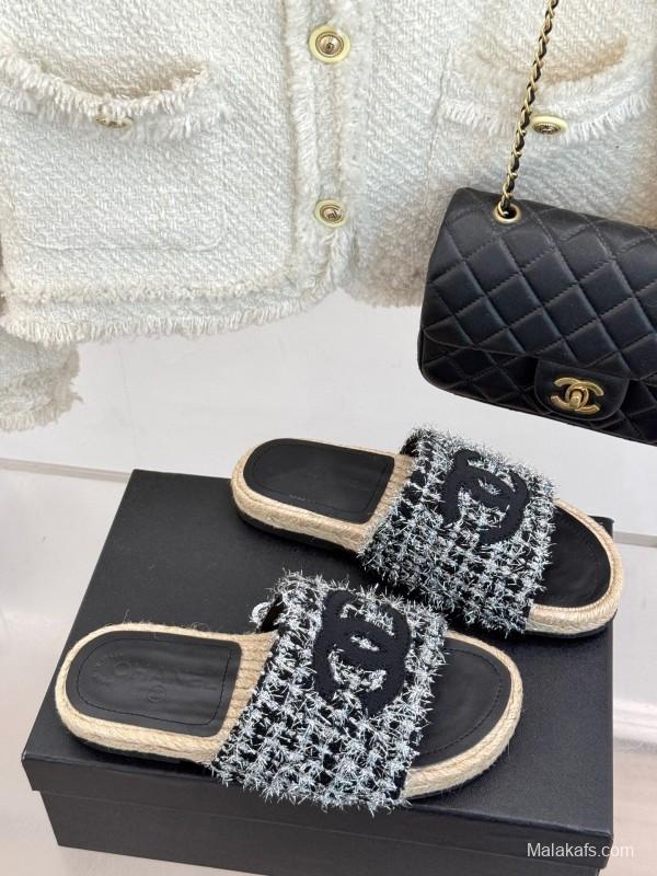 2025 Slippers Chanel Black White Tweed Espadrille Handcrafted KFY00230