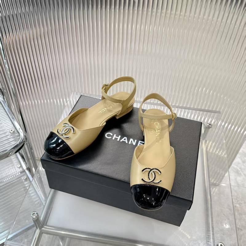 2025 Women Chanel Beige Black Leather Slingback Flat Sandals LY00260