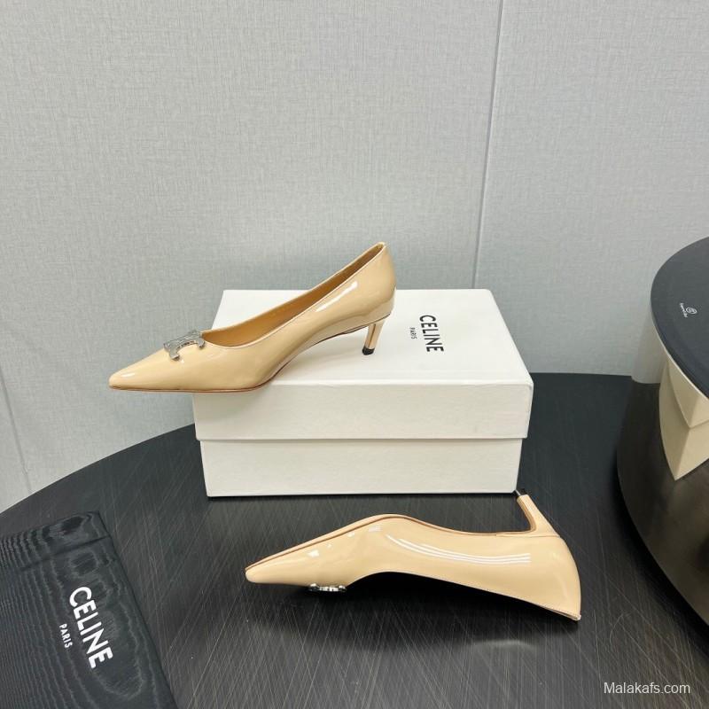 2025 Women Celine Beige Patent Leather Pointed Toe Heel Metal Ornament KFY00290