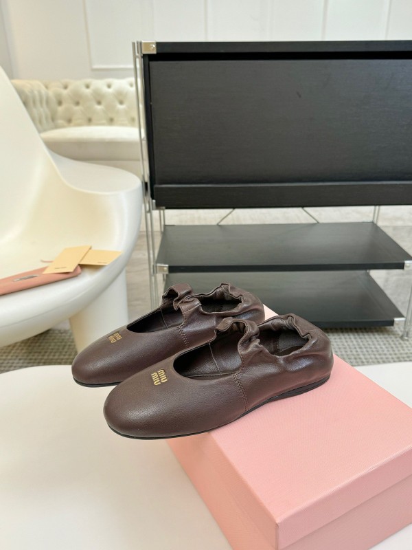 2025 Women Miu Miu Brown Leather Ballet Flats