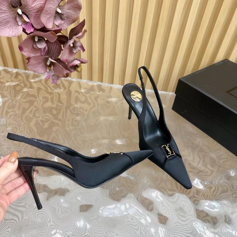 2025 Women Yves Saint Laurent Black Leather Slingback Pumps MJ00300