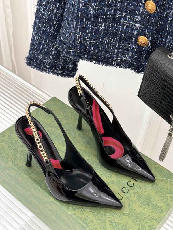2025 Women Gucci Black Patent Leather Slingback High Heel Chain Detail