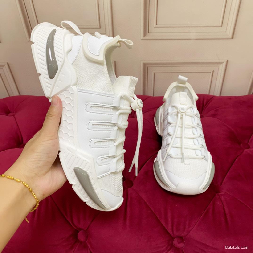 2024 Unisex Dolce & Gabbana White Knit Leather Sneakers MJ00340