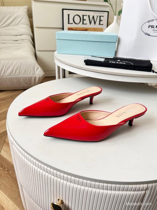 2025 Women Prada Red Patent Leather High Heel Mules LY