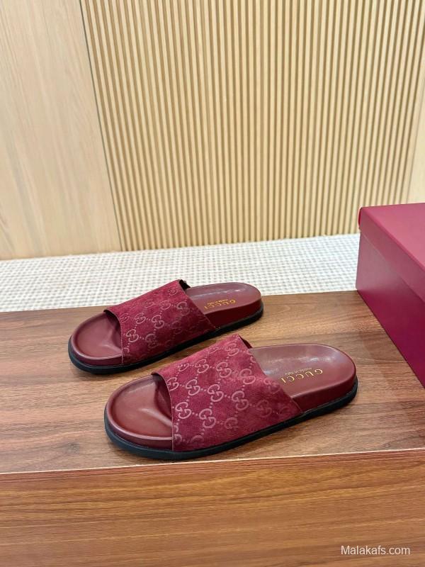 2025 Women Gucci Red Suede Leather Slippers