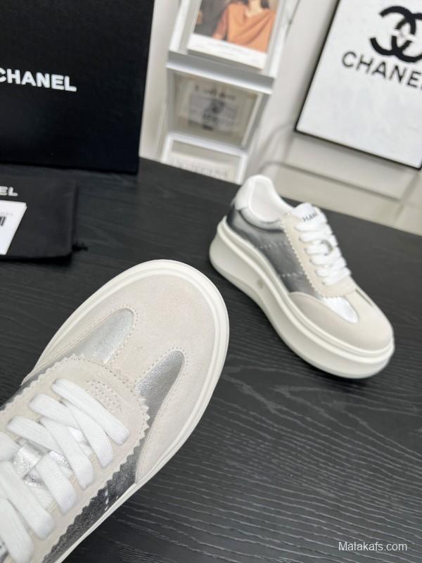 2025 Women Chanel White Silver Leather Suede Sneakers