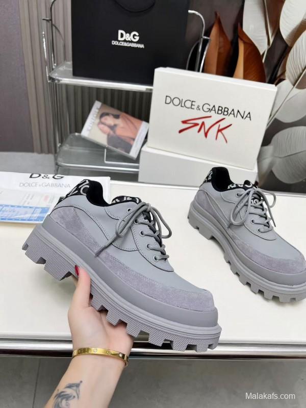 2024 Unisex Dolce & Gabbana Grey Leather Derby Casual Shoes MJ00360