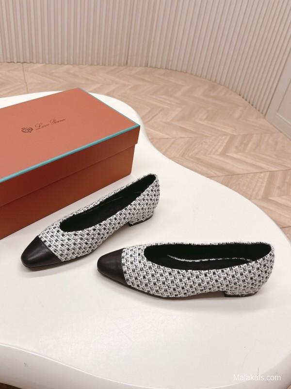 2025 Women Le Parmentier Black White Tweed Leather Pointed Toe Loafers