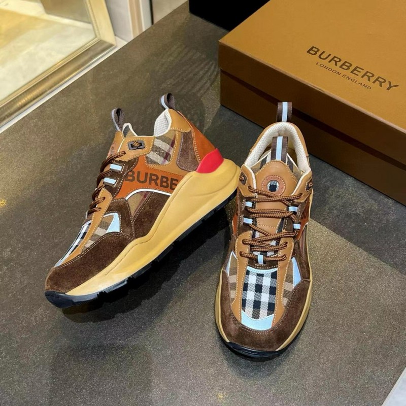 2025 Unisex Burberry Brown Beige Suede Leather Mesh Sneakers Checked Pattern MX00380