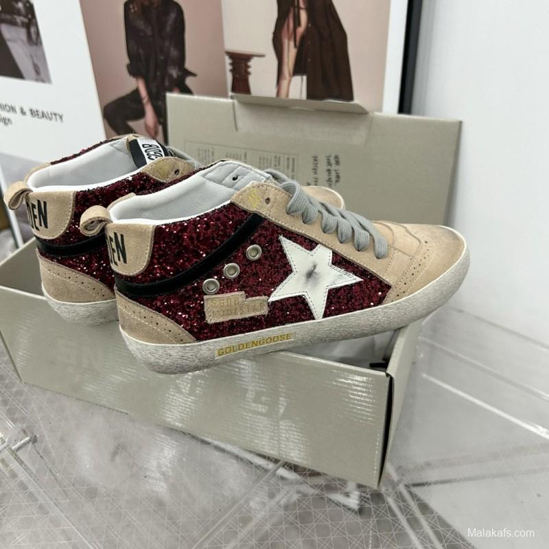 2024 Unisex GGDB Burgundy Beige Glitter Leather High Top Sneakers MJ00300