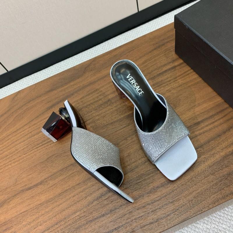 2025 Women VERSACE Silver Leather Slippers