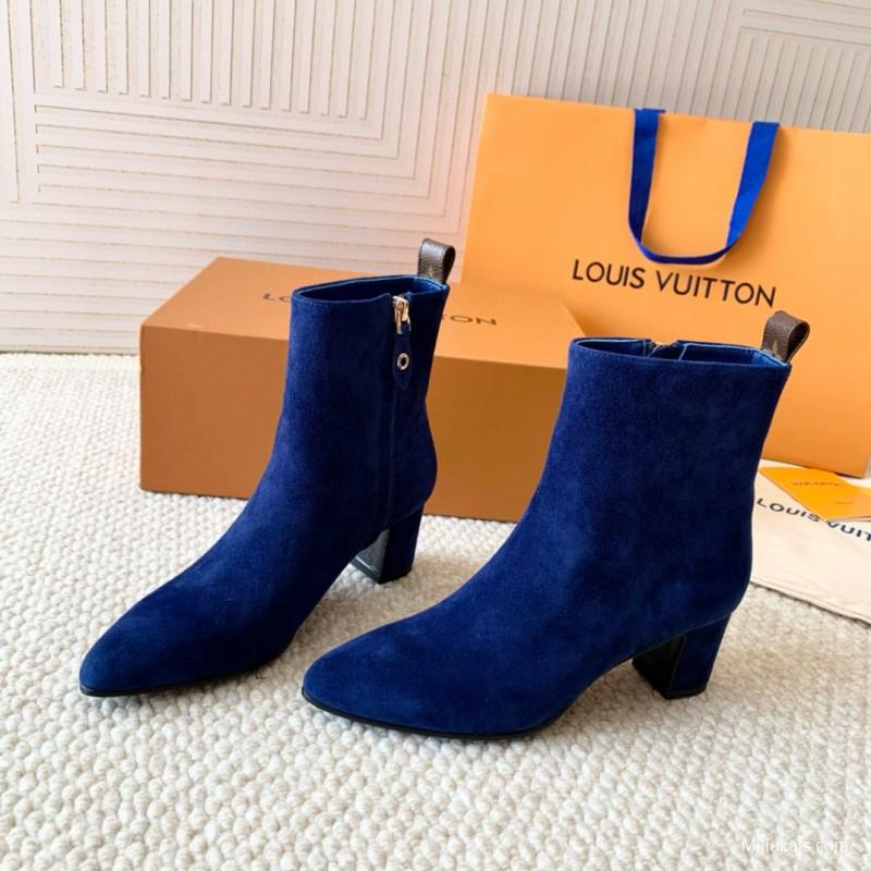 2024 Women Louis Vuitton Blue Suede Ankle Boots