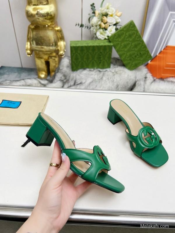 2025 Gucci Green Leather Slippers MJ00190/225