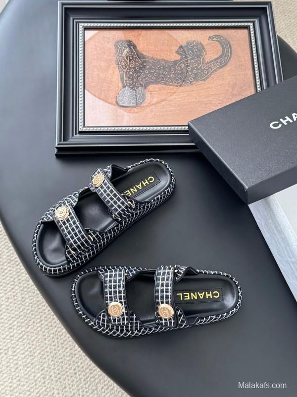 2025 Women Chanel Black White Leather Sandals LY00310