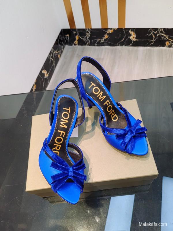2025 Women TOM FORD Blue Velvet Satin High Heel Slingback KFY00300