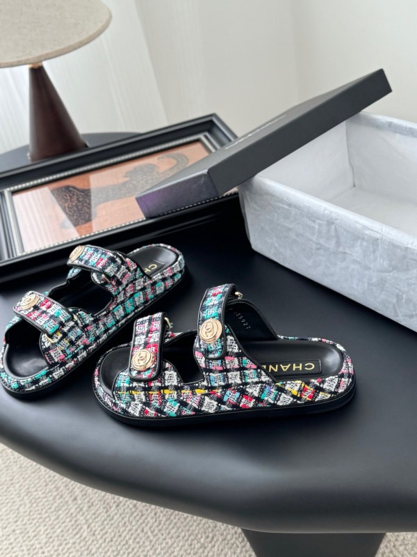 2025 Women Chanel Multi Color Fabric Leather Sandals LY00310