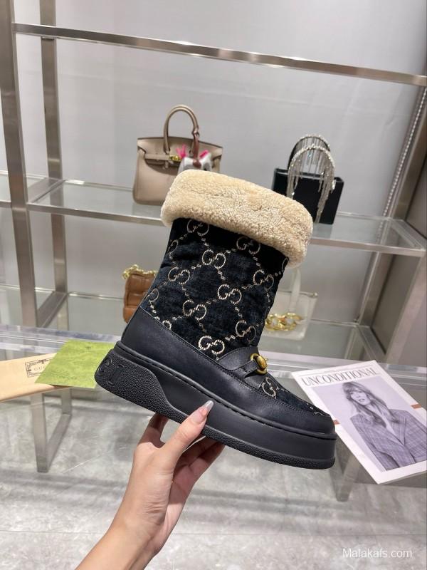 2024 Women Gucci Black Shearling Leather Snow Boots MJ00420