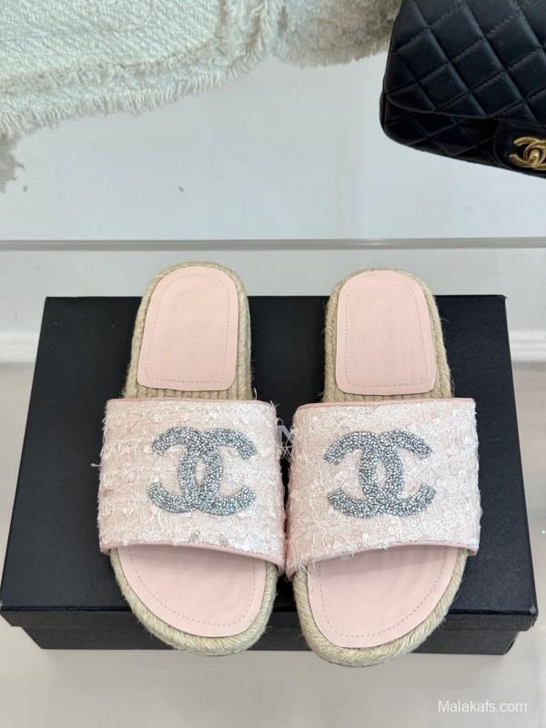 2025 Women Chanel Pink Tweed Espadrille Slide Sandals Handmade Craft KFY00240 (F)