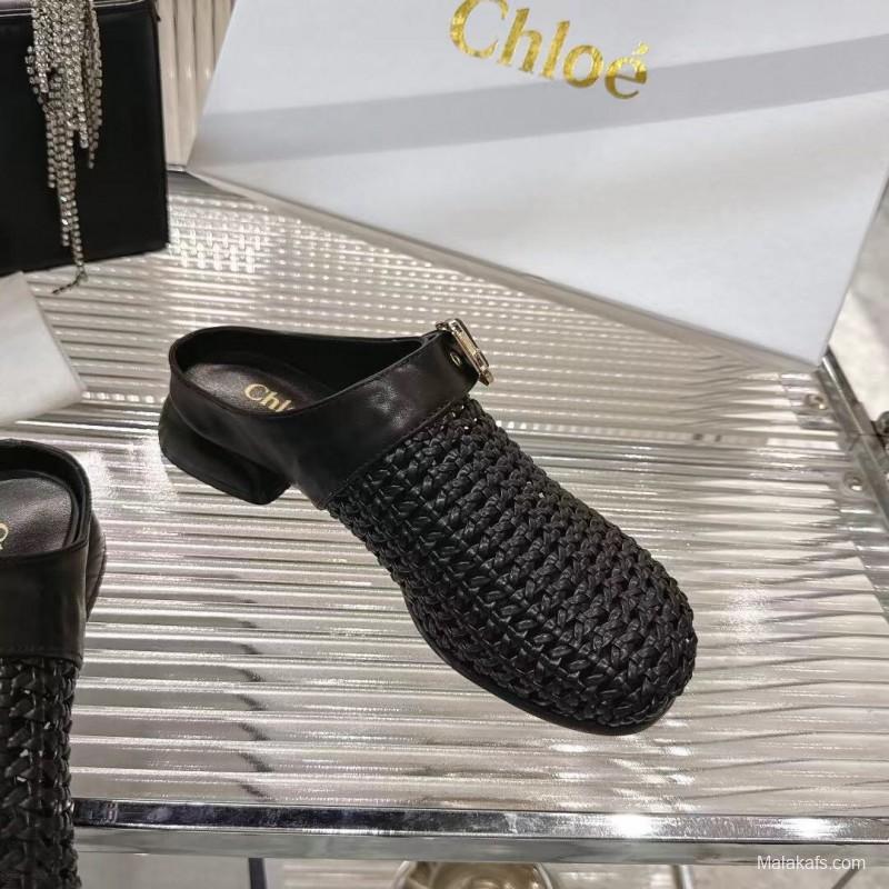2025 Women Chloé Black Leather Woven Slippers