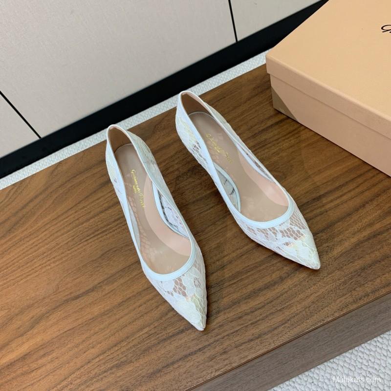 2025 Women Gianvito Rossi White Lace Leather Pumps KFY00280