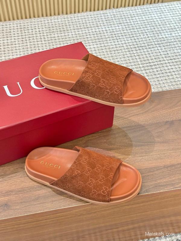 2025 Women Gucci Brown Suede Leather Slippers