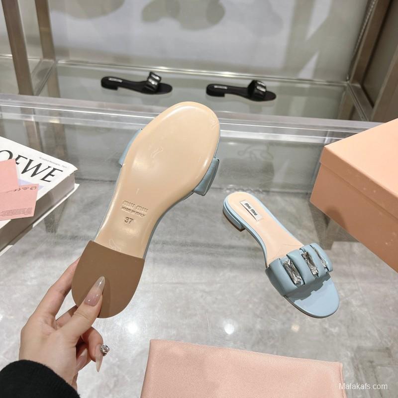 2025 Women Miu Miu Light Blue Leather Slippers