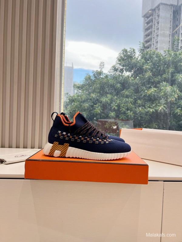 2024 Unisex Hermès Navy Orange Knit Leather Sneakers