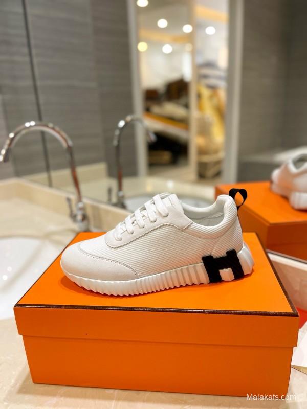 2024 Unisex Hermès White Imported Silk Calfskin Rain Cloth Casual Sneakers MJ00320