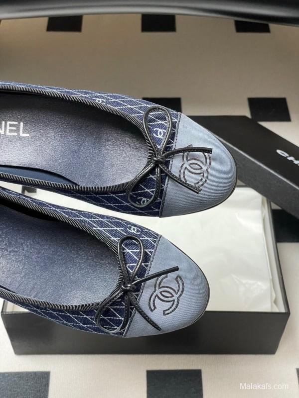 2025 Women Chanel Blue Denim Leather Ballet Flat