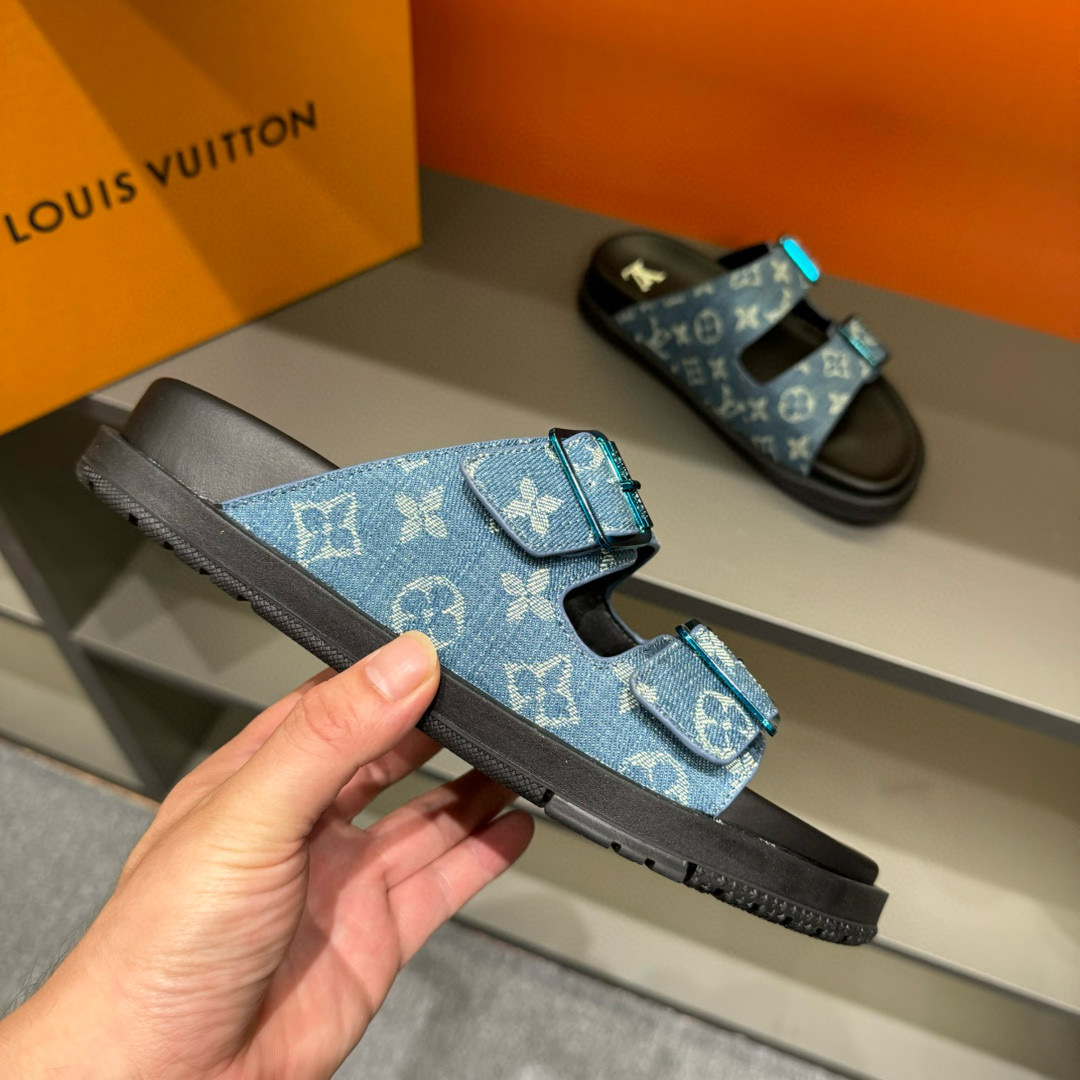 2024 Slippers Louis Vuitton Blue Denim Leather Slippers LY00420