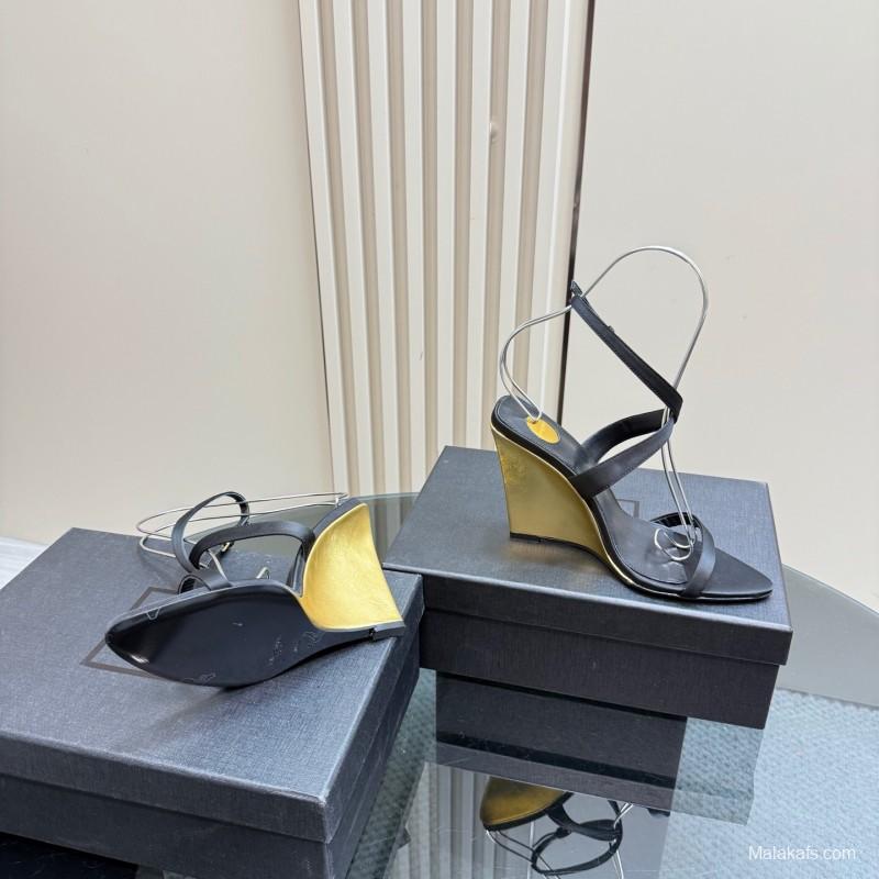 2025 Women Yves Saint Laurent Black And Gold Wedge Sandals Premium Leather Elegant Design LY00360(F)