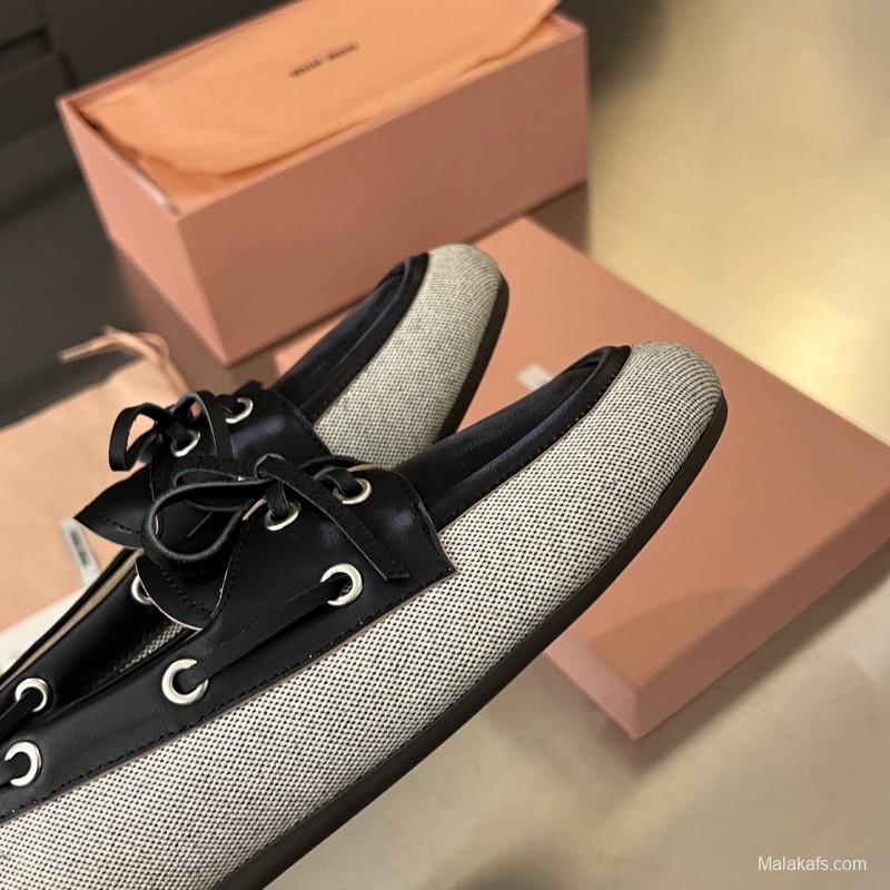 2025 Women Miu Miu Black Beige Leather Fabric Loafers