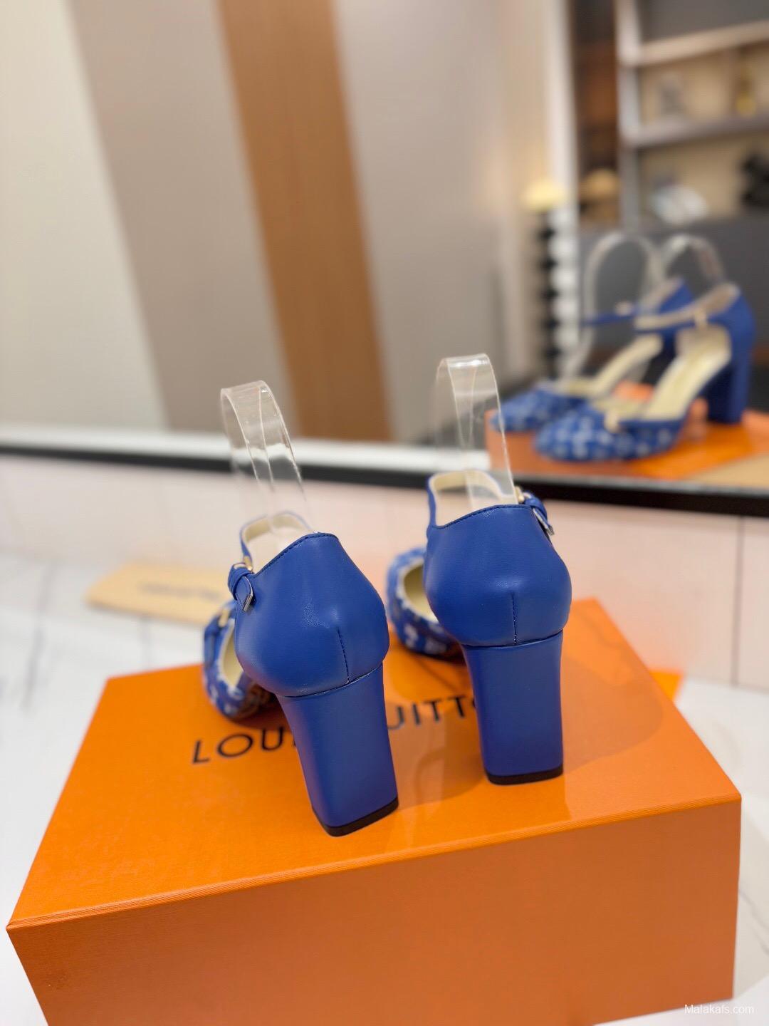 2025 Women Louis Vuitton Blue Denim Leather Heels KFY00310