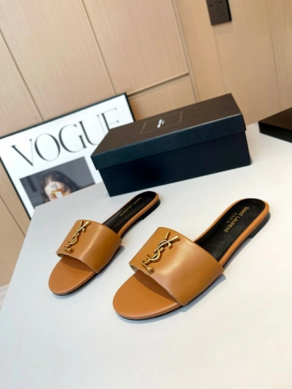 2025 Women Yves Saint Laurent Light Brown Leather Slippers LY00180