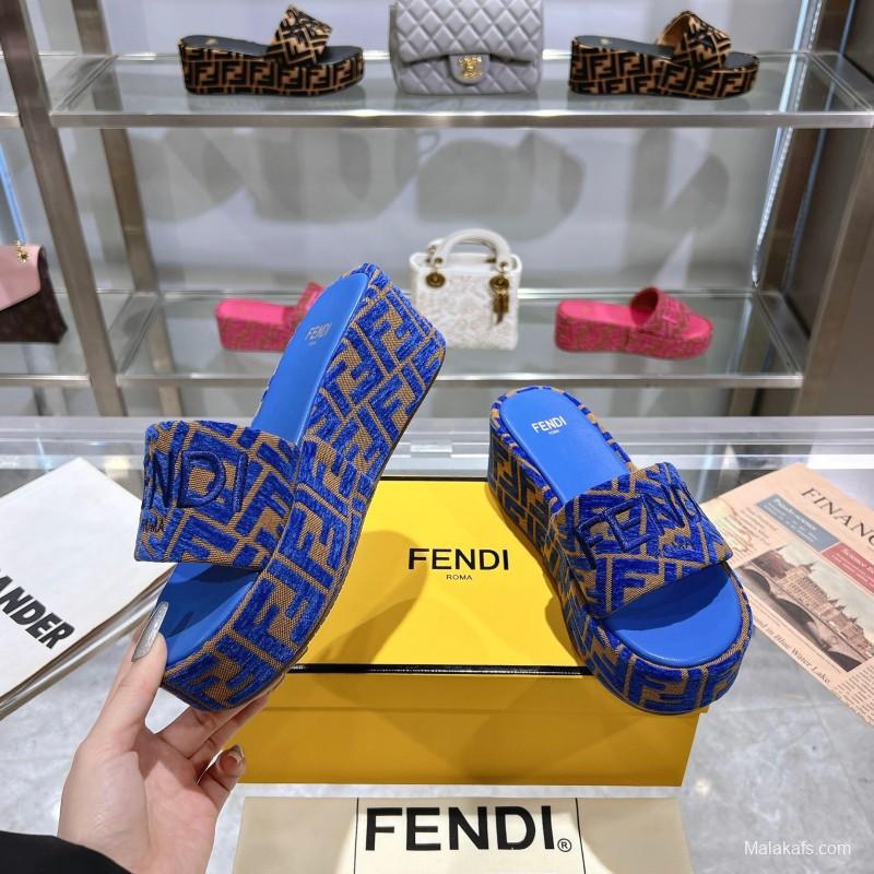 2025 Slippers Fendi Blue Brown Fabric FF Jacquard Platform