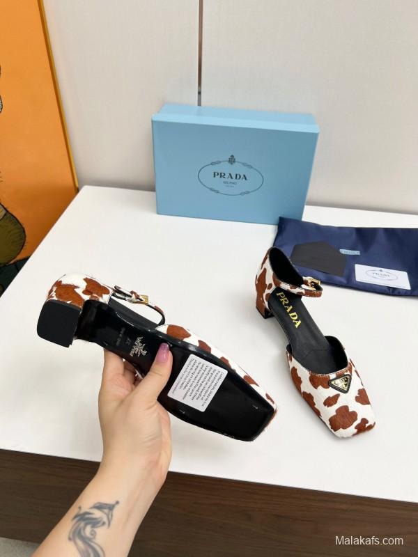 2025 Women Prada Brown White Calf Hair Strap Heels LY00270