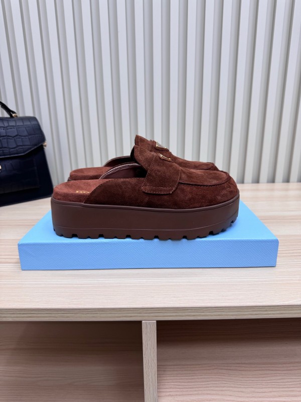 2025 Women Prada Brown Suede Platform Loafers