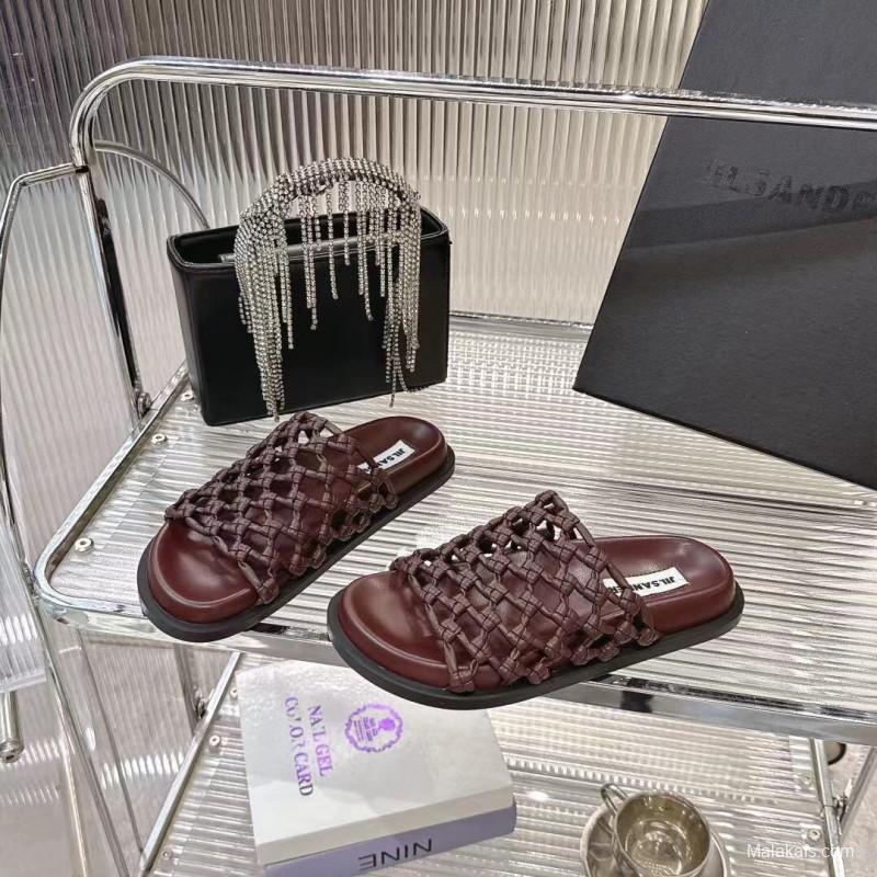2025 Women Jil Sander Brown Leather Woven Slippers