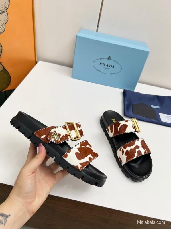 2025 Slippers Prada Brown White Leather Cow Print LY00260