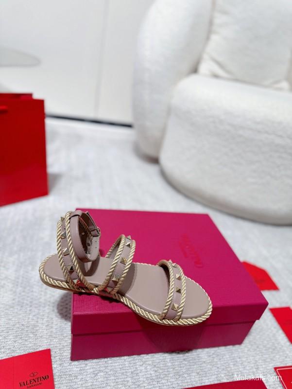 2025 Women Valentino Beige Leather Rope Espadrille Sandals LY00250