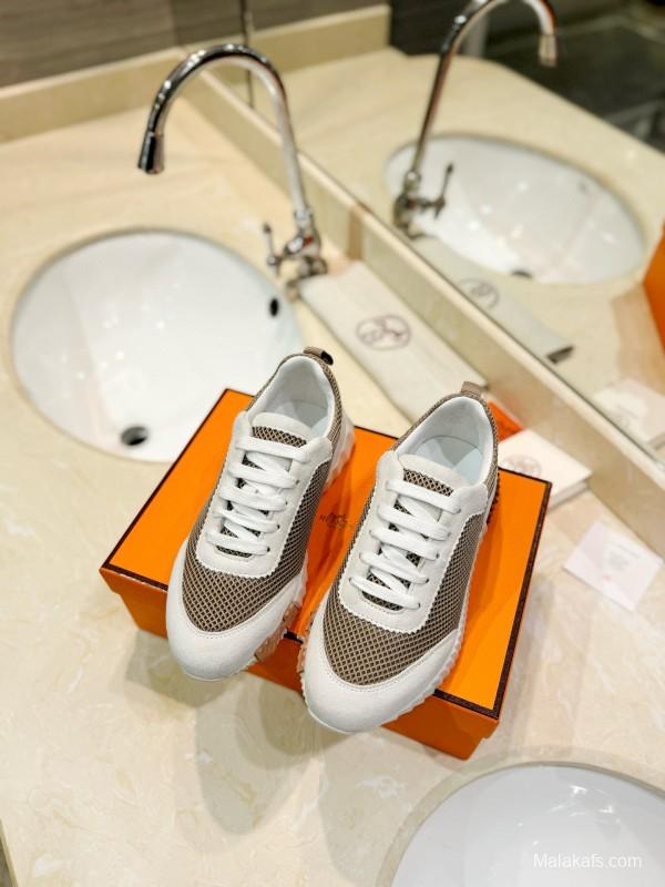 2024 Women Hermès beige white mesh leather sneakers