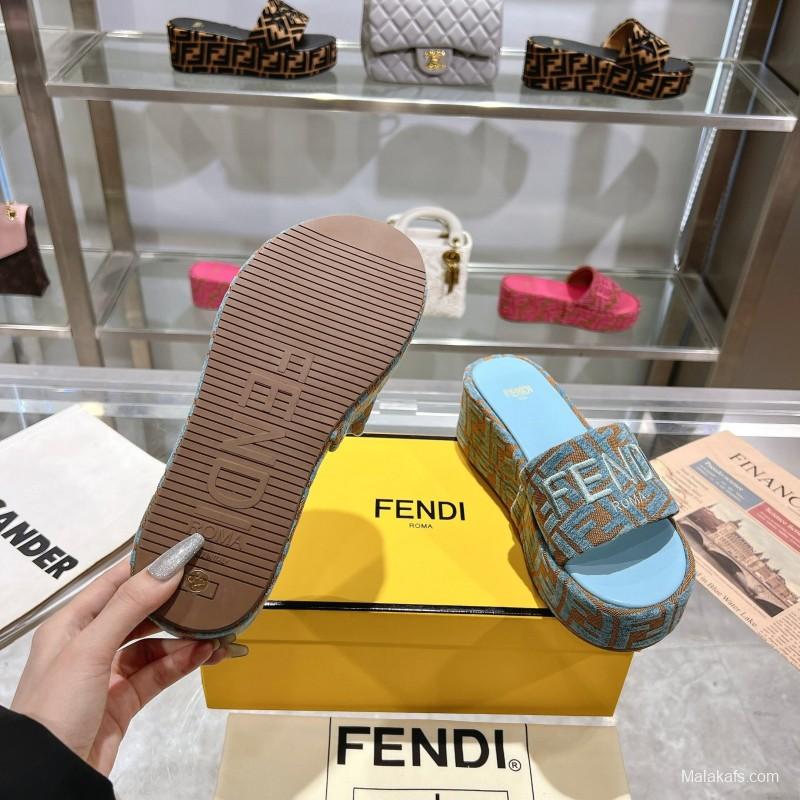 2025 Slippers Fendi Blue Brown Canvas FF Jacquard Platform FJ00321
