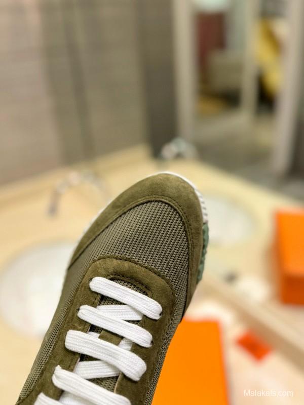 2024 Unisex Hermès Green Khaki Imported Silk Leather Sneakers MJ00320