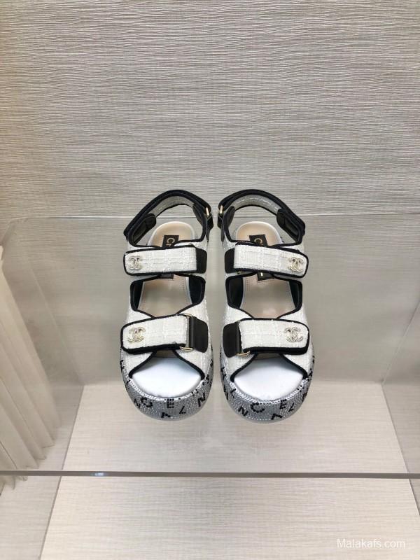 2025 Women Chanel White Black Leather Sandals Platform LY00330