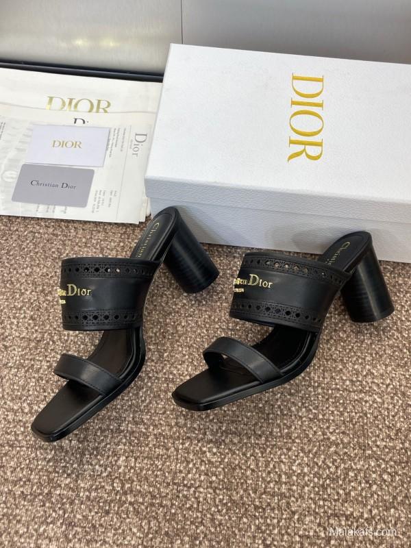 2024 Women Dior Black Leather Slide Sandals